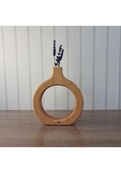 El Yapımı Ahşap Vazo Seti, Doğal Çam Ve Kırmızı Renkli, 18cm Halka Ve 12cm Yuvarlak, 2 Parça, Çiçek Aranjman Çok Renkli