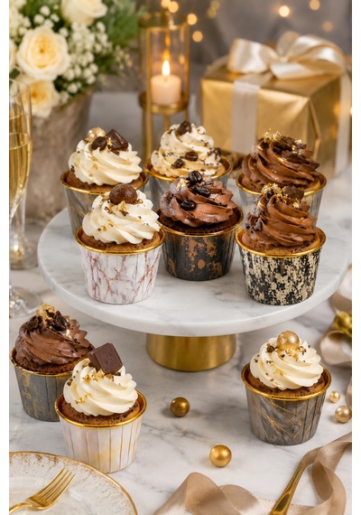 Cupcake Kapsülü 24'lü Mermer Desenli Gold Varaklı Asetat Kutulu Kek Ve Muffin Pişirme Kapsülü