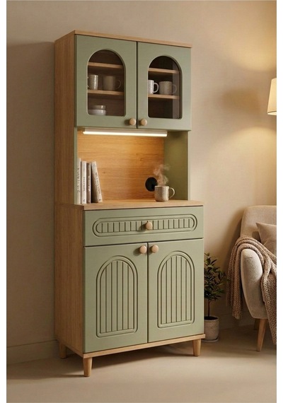 Barista Led Aydınlatmalı Kahve Köşesi Dolabı Retro Büfe 195cm Mdf Koyu Yeşil