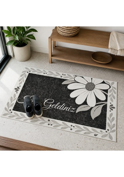 Kartela Halı Hoş Geldiniz Yazılı Papatyalı Kapı Paspası Siyah Beyaz Kaymaz Kauçuk Taban 40x60 Cm