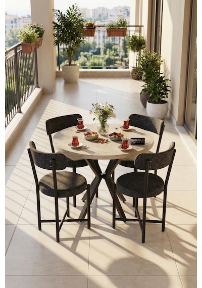 Mutfak Masası 90 Çap 4 Sandalyeli Traverten Görünümlü Balkon Bahçe Cafe Masa Seti Teddy Antrasit Mutfak Masası 90 Çap 4 Sandalyeli Traverten Görünümlü Balkon Bahçe Cafe Masa Seti Teddy Antrasit