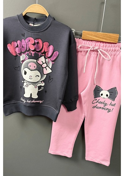 Turuncu Gardrop 3-10 Yaş Kuromi Yaldız Baskılı Kız Çocuk Takım Pembe Pembe