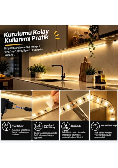 Şerit Led Kumandalı Dimmerli 5 Metre Mutfak Dolabı Tezgah Altı Aydınlatma Led Işık Sb-6557 Gün Işığı