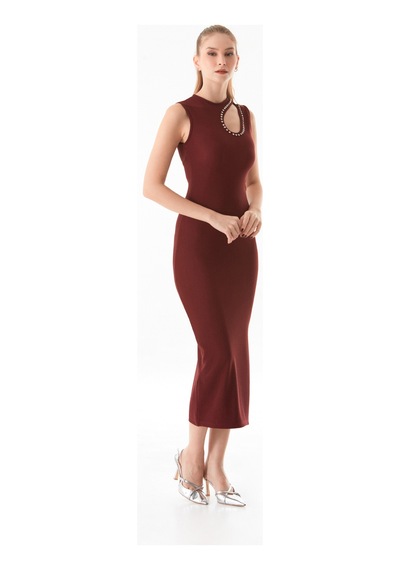Fullamoda Fitilli Omzu Pencere Detaylı Taşlı Elbise 25ygb7220128414-bordo Bordo