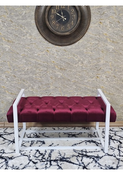 Zafir Beyaz Boyalı Metal 80 Cm Puf Bench - Antre Puf - Hol Bench - Puf - Oturak - Bench Bordo