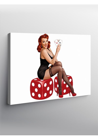 Kanvas Tablo Kırmızı Zar Üzerinde Oturan Pin-up Kız