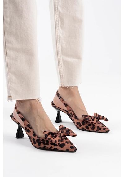 Trendella Leopar Fiyonklu Kitten Topuklu Slingback Kadın Ayakkabı Tr08ms24d Siyah
