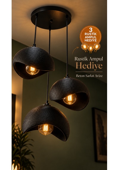 Beton Görünümlü 3'lü Sarkıt Avize Bohem Modern Salon Yemek Masası 3 Rustik Led Ampul Hediyeli Siyah