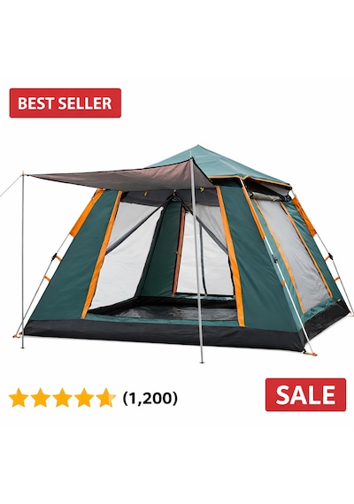 4 Kişilik Otomatik Kamp Çadırı 210x210x135 Cm Su Geçirmez Tenteli Çadır + Kamp Lambası Koyu Yeşil