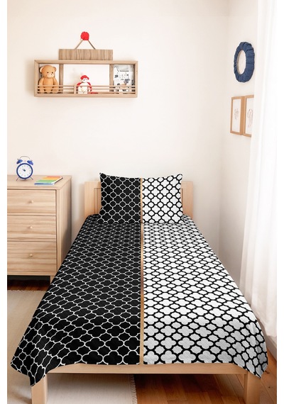 Geometrik Siyah Beyaz Tek Kişilik Pike Takımı - Modern Kapitone Mevsimlik Yatak Örtüsü 160x220 Cm Kadife Günce Harmonu