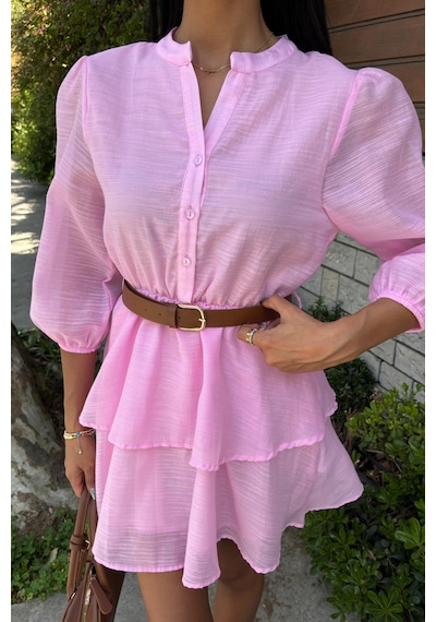 Lijuri Deri Kemerli Fırfırlı Elbise 2901 R8-c-k5 Pembe