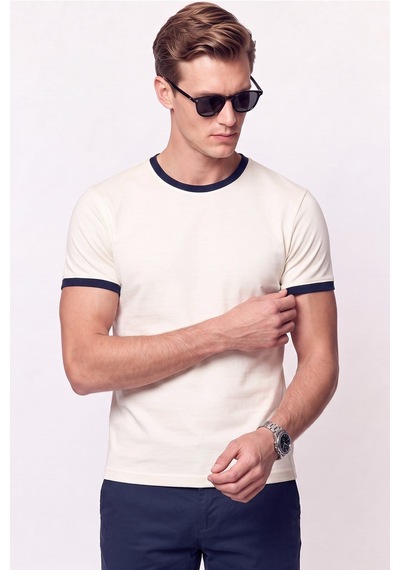 Efor Slim Fit Bisiklet Yaka Ekru - Lacivert Tişört Ts 932 Ekru-lacivert