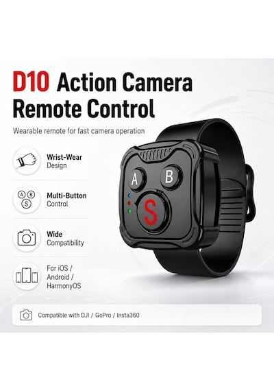 Aksiyon Kamera Bluetooth Kumandası Bilek Kayışlı, Djı Action 4/5 Pro/6, Gopro Hero 9/10/11/12/13 Ve Insta360 X3/x4/x5 İle Uyumlu, Type-c Şarjlı Uzaktan Kontrol,120mah, D10 Aksiyon Kamera Bluetooth Kumandası Bilek Kayışlı, Djı Action 4/5 Pro/6, Gopro Hero 9/10/11/12/13 Ve Insta360 X3/x4/x5 İle Uyumlu, Type-c Şarjlı Uzaktan Kontrol,120mah, D10