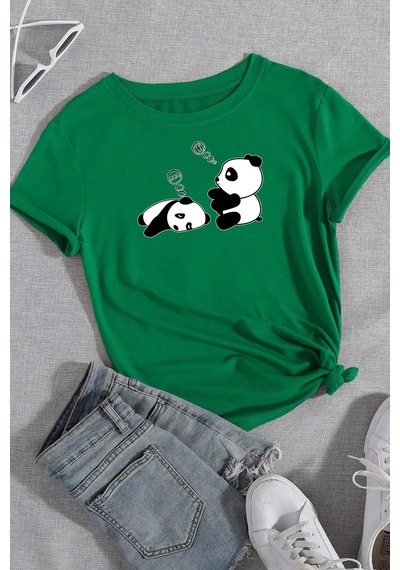 Unisex Uykucu Panda Baskılı Tasarım Tshirt Yeşil