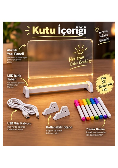 Led Işıklı Yazı Tahtası Akrilik Not Panosu Usb 5w Masaüstü Dekoratif Gece Lambası Şeffaf