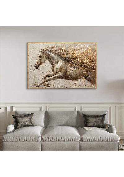 Yağlı Boya Dokulu Tablo Koşan Modern Beyaz At Altın Çerçeveli U04016-178930