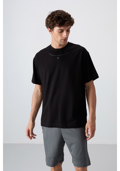 Tommy Life Siyah Pamuklu Kalın Yumuşak Dokulu Oversize Fit Baskılı Erkek T-shirt - 88343 Siyah