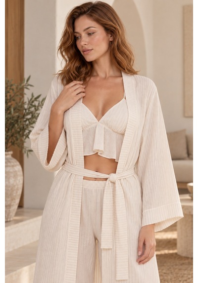 Loule Kadın Bej-krem Çizgili Fırfırlı Sabahlıklı Pijama Takımı Çok Renkli Loule Kadın Bej-krem Çizgili Fırfırlı Sabahlıklı Pijama Takımı Çok Renkli