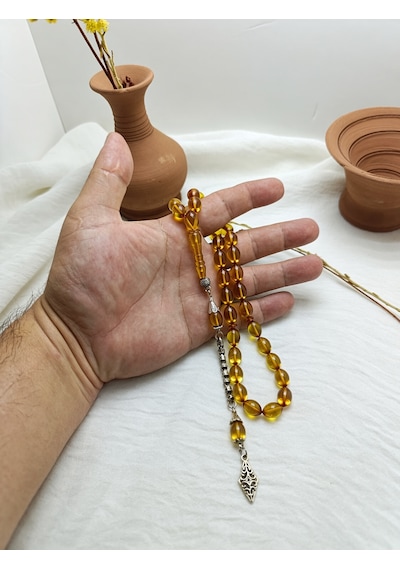 Beyzi Kesim Ateş Kehribar Tesbih Şeffaf - Sarı
