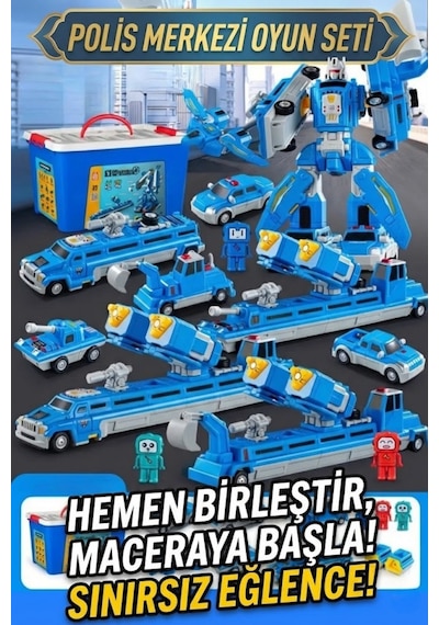 Manyetik Dönüşen Robot Araba Seti 21 Parça Sök Tak Eğitici Oyuncak - Kutulu Polis Merkezi