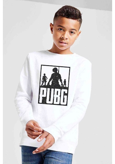 Tshirthane Pubg 3 Adam Team Baskılı Unisex Çocuk Beyaz Sweatshirt