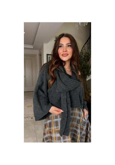 Paw Garage Kadın Stella Atkılı Kayık Yaka Salaş Crop Triko Kazak Füme