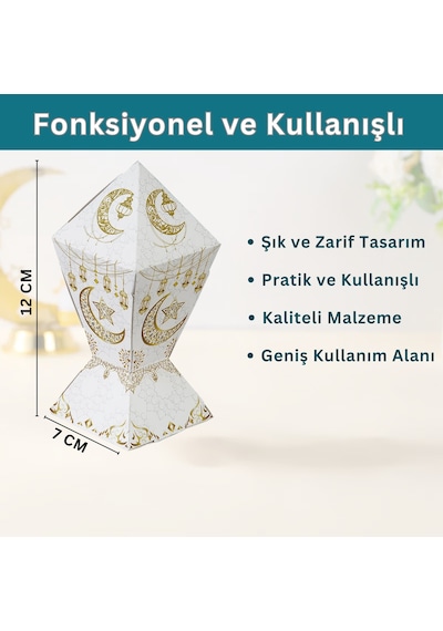 6lı Ramazan Şeker Hediye Kutusu, Beyaz&altın Ay, Yıldız, Fener Tasarımlı Şekerleme Kutusu, 7x7x12cm