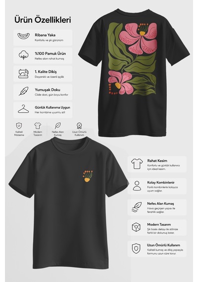 Spoyi Pembe Botanik Tasarımlı %100 Pamuk Yarım Oversize Siyah T-shirt