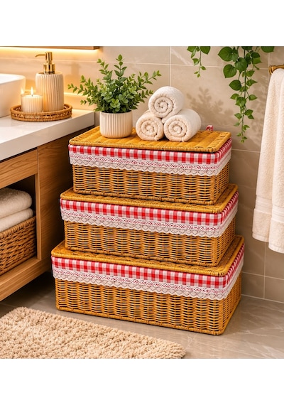 Morponi 3'lü Kapaklı Ekoseli Hasır Rattan Organizer Sepet Sın221a Sarı