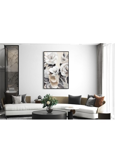 Yağlı Boya Dokulu Tablo Modern Beyaz Çiçekler Siyah Çerçeveli U02008-178863