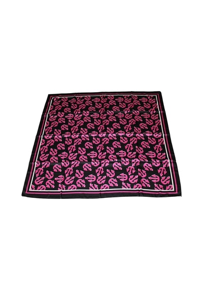 Tikitonki Pembe Çapa Figürlü Saten Siyah Eşarp - Kare Kesim 90x90 Çok Renkli Çok Renkli