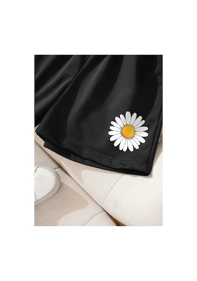 Tarzsokak Floral Print Drawstring Waist Şort Siyah