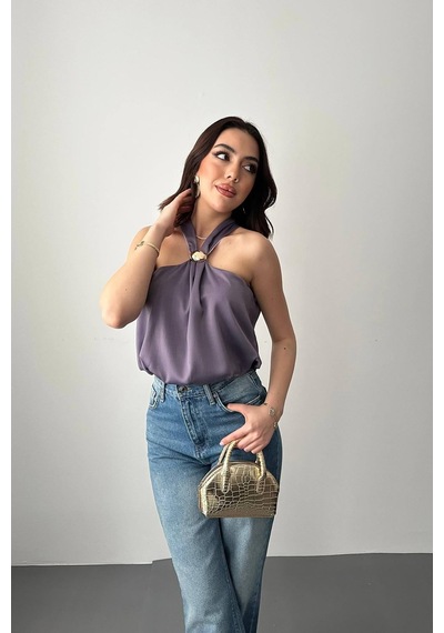 Duygudan Lila Toka Detaylı Bluz - Lila Çok Renkli