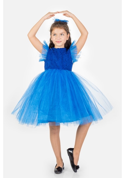 Mnk Baby & Kids Roza Dantel Tütü Kız Çocuk Abiye Elbise Mnk0546 Saks Mavi
