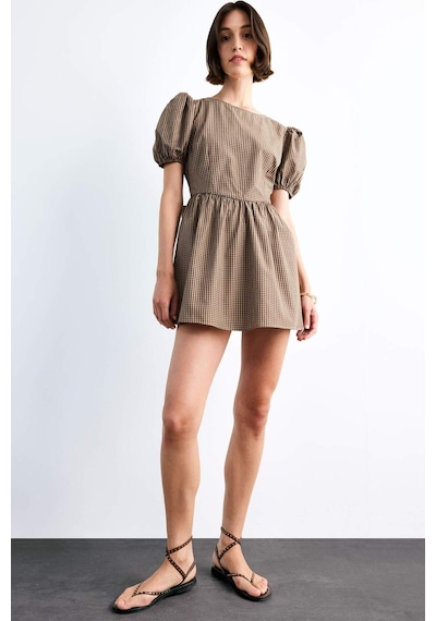 Defacto Fitted Kareli Poplin Kısa Kollu Mini Elbise F9944ax25smbn306 Kahve