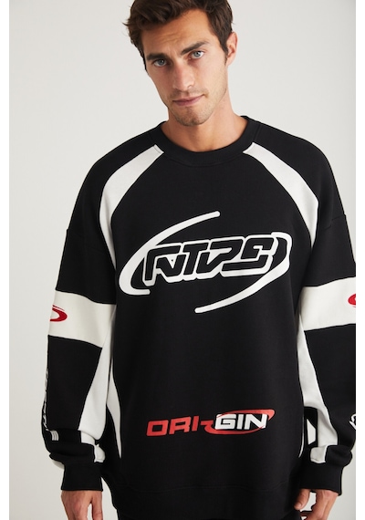 Grımelange Breez Erkek Organik Pamuklu Oversize Parçalı Spor Baskı Detaylı Bisiklet Yaka Siyah Sweatshirt
