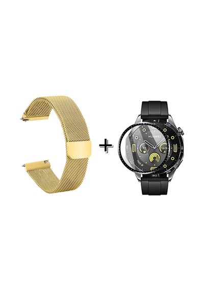 Forzacase Huawei Watch Gt4 46mm İçin Metal Mıknatıslı Kordon Kayış + Ekran Koruma Filmi - Fc096 Gold