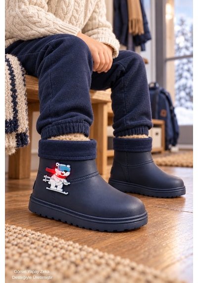 Muggo Mely Kürk Detaylı Unisex Çocuk Günlük Yağmur Ve Kar Botu Lacivert