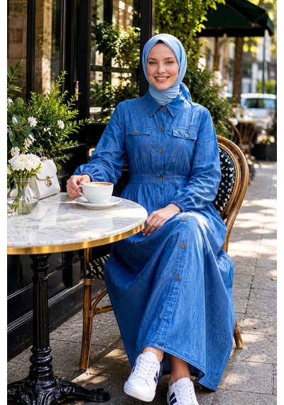Hb Harma Time Butik Kadın Düğmeli Koyu Mavi Kot Tesettür Elbise