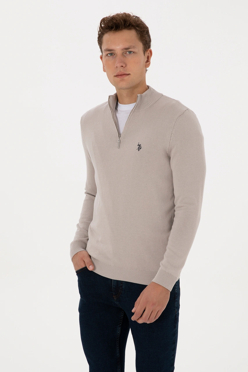 U.S. Polo Assn. Erkek Slim Fit Yarım Fermuarlı Taş Basic Kazak 50313695-VR049