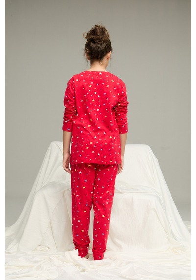 Siyah İnci Pamuklu Bisiklet Yaka Örme Pijama Takım25241120 Kırmızı
