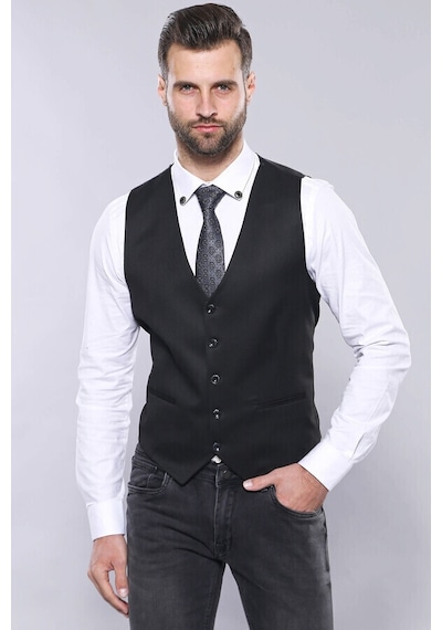 Düz Siyah Slim Fit Yelek Ceket Set Wessi 001