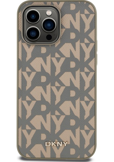 Apple Uyumlu iPhone 14 Pro Max Kılıf Dkny Lisanslı Magsafe Şarj Özellikli 3d Yazılı Grid Pattern Kapak Kahverengi