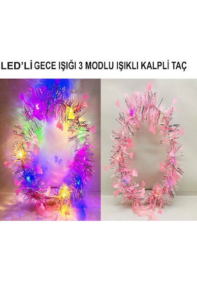 Kalp Püsküllü Gece Parıltısı 3 Modlu Led Li Işıklı Taç Pembe Renk