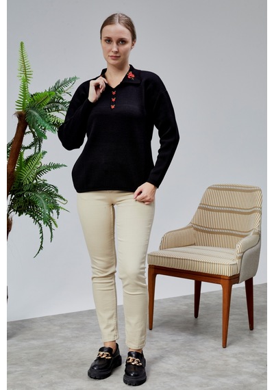 Kadın Polo Yaka Oversize Çiçek Nakışlı Triko Kazak Siyah Siyah