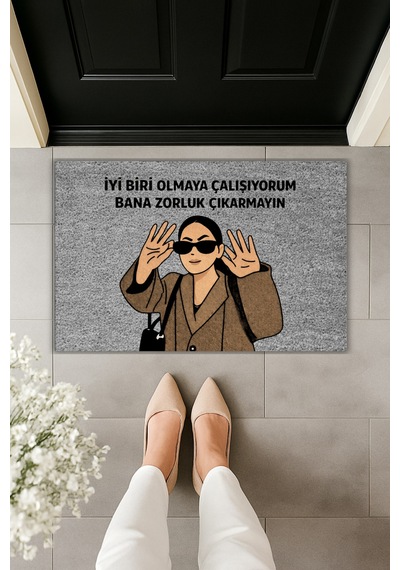 Rugmood Modern Dijital Baskı Paspas - Bana Zorluk Çıkarmayın - Kapı Önü Paspası Gri