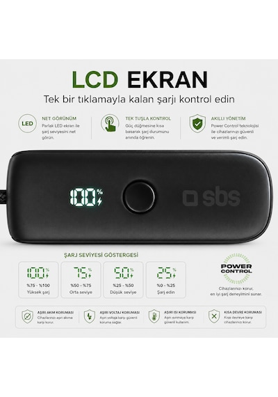 Sbs Hybrid 5000 Mah Powerbank Dahili Eu Fişli Şarj Cihazı Usb-c Pd 20w Dahili Usb-c Kablo Lcd Ekran 3'ü 1 Arada