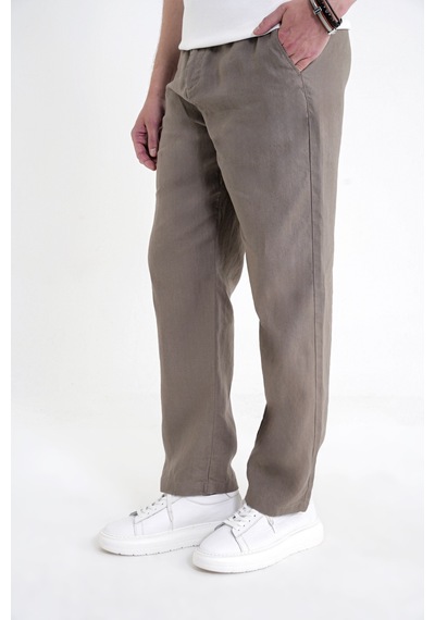 Oversize Kalıp Yan Cep Beli Lastikli Haki Keten Pantolon P 1216