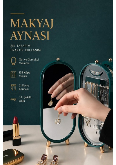 4 Bölmeli Aynalı Takı Organizeri Yüzük Küpe Kolye Düzenleyici Masaüstü Stand Yeşil