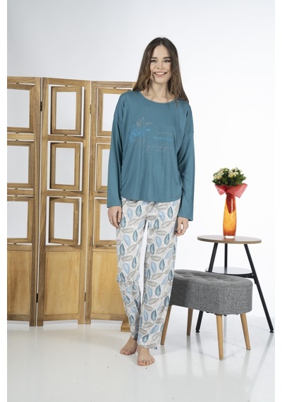 Estiva 24119 Kadın Yaprak Desenli Uzun Kollu Yazlık Viskon Pijama Takımı 001